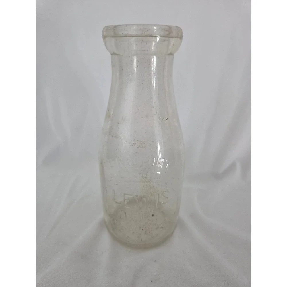 Vintage Lewis Dairy Auburn NY One Pint Liquid Glass Milk Bottle Farmhouse Decor